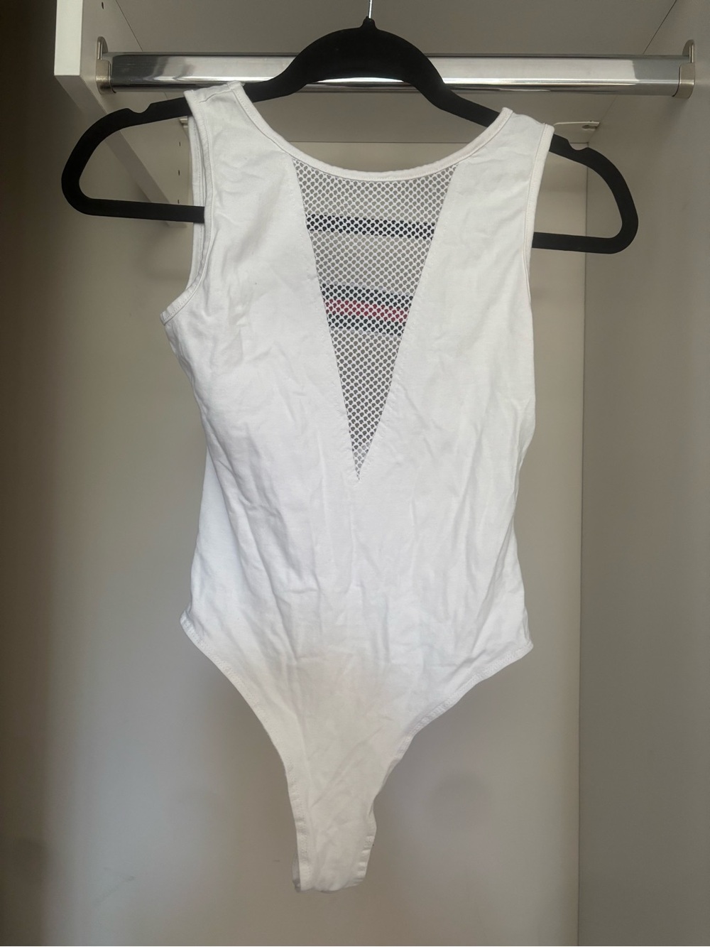 Gucci Inspired White Bodysuit with Mesh V Neck Panel & Plunge Back Athleisure